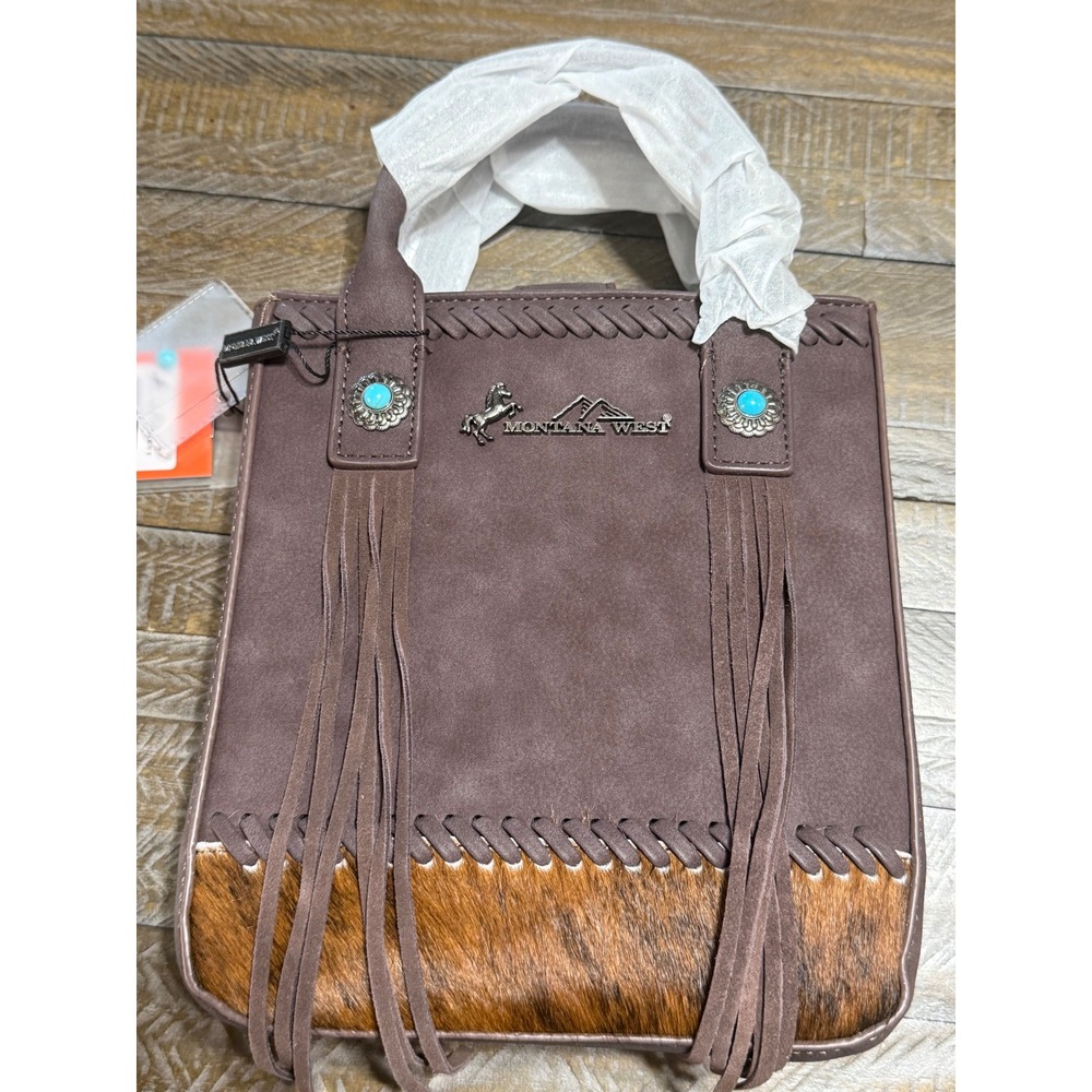 Montana West Tote Bag Womens Small Brown NWT Fringe Hair-on-Hide MW1368-8360CF - Picture 6 of 9